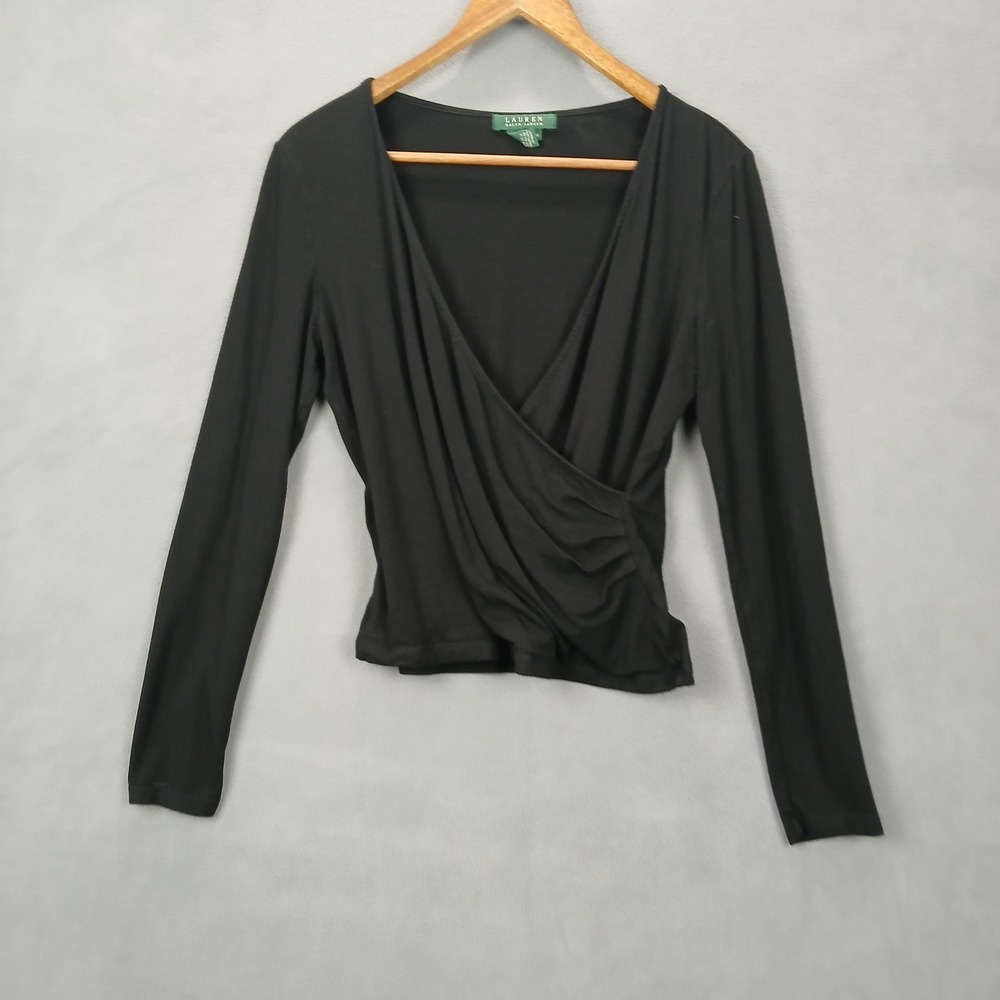 Lauren Ralph Lauren‎ Blouse Top Womens Medium Black Stretch Casual Surplice Neck